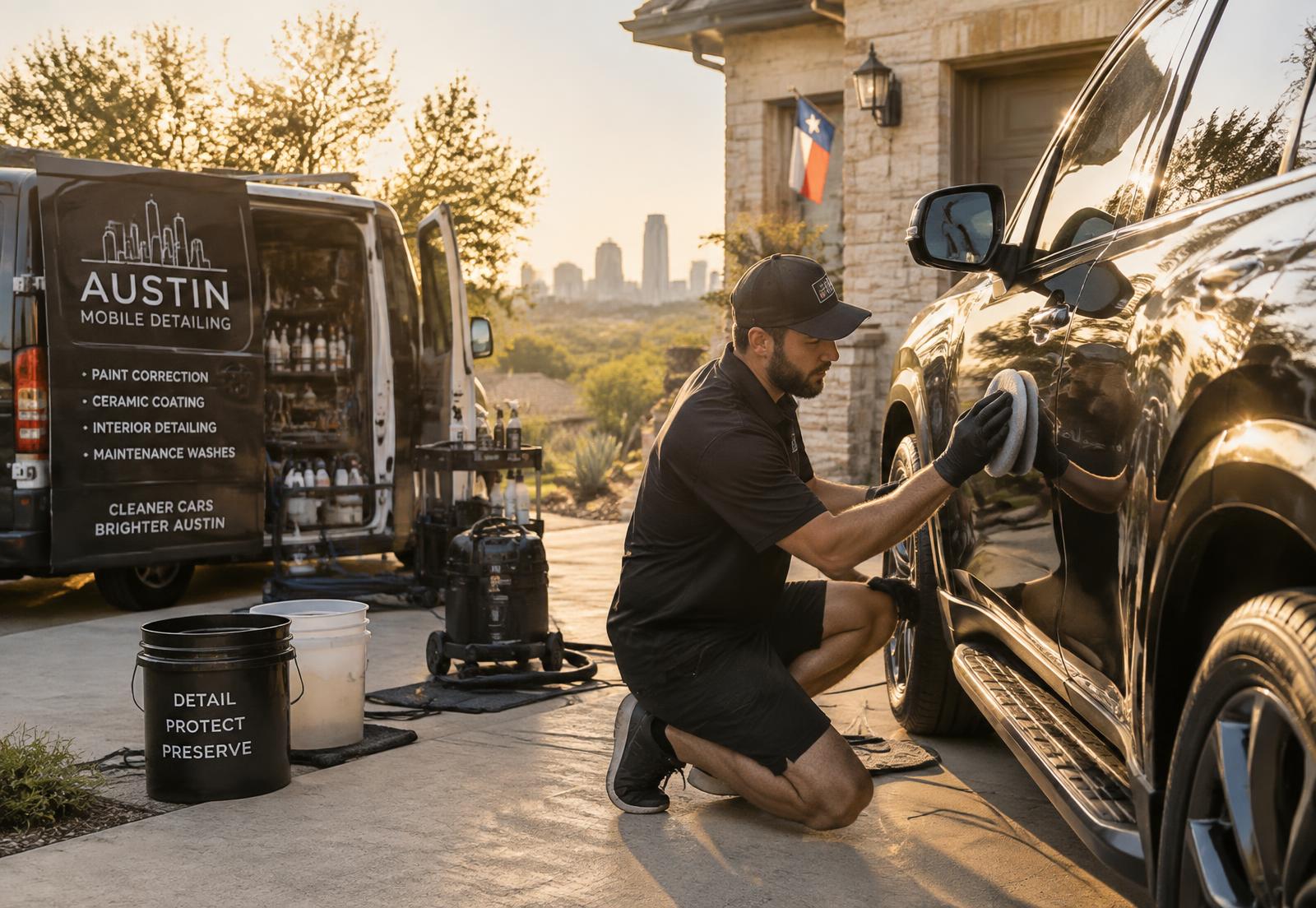 Marlowe polishing an SUV in an Austin driveway